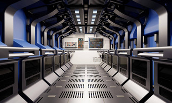 宇宙飞船走廊秘密地下室走廊室内蓝色的银灰色颜色背景现代技术占星术科学概念插图呈现图形设计