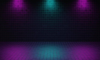 黑暗空房间使砖紫罗兰色的蓝色的颜色关注的焦点背景赛博朋克风格剧院阶段概念体系结构室内主题插图呈现图形设计