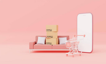 纸板盒子孤立的白色屏幕智能手机生活房间<strong>沙发</strong>家具购物车<strong>模型</strong>粉红色的柔和的背景业务购物在线概念插<strong>图</strong>呈现