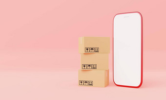 纸板箱孤立的白色屏幕智能<strong>手机</strong>模型粉红色的柔和的背景业务交付购物在线概念保持<strong>首页</strong>订<strong>单</strong>产品主题插图呈现