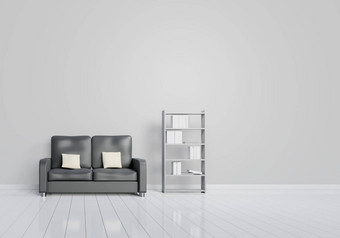 现代室内设计生活房间黑色的沙发灰色木光滑的地板上书货架上白色垫子元素首页生活概念生活方式主题插图呈现