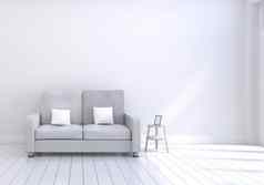 现代室内设计生活房间灰色沙发白色木光滑的地板上照片框架白色垫子元素首页生活概念生活方式主题插图呈现