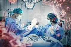医生护士成功手术病人肺治疗冠状病毒感染操作房间医疗保健医院概念病毒爆发疾病鼓励