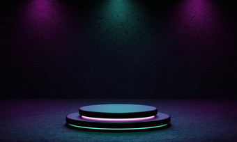 赛博朋克产品讲台上平台工作室蓝色的紫罗兰色的关注的焦点难看的东西风格变形背景复古的阶段未来主义的场景概念插图呈现图形