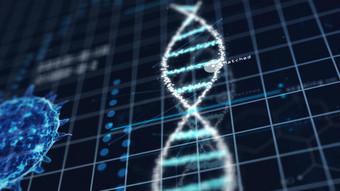 医疗科技螺旋太太染色体病毒分析实验室蓝色的网格背景摘要全息图胡德接口生物学概念数字屏幕技术创新插图