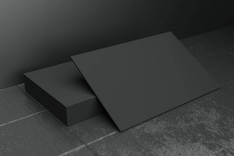 黑色的水平业务卡纸模型模板空白空间封面插入公司标志个人身份黑色的混凝土地板上背景现代概念插图渲染