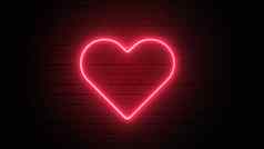 红色的心形状霓虹灯光黑暗墙背景摘要装饰概念快乐情人节一天元素标志象征电光发光横幅插图渲染镜头视频