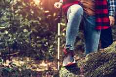 特写镜头女旅行者腿团队集团穿越日志森林徒步旅行山前徒步旅行坚持女人跳跃树树干丛林冒险人活动野生生活