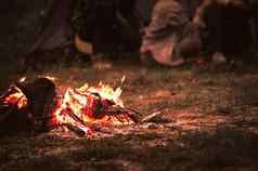 引发篝火旅游人坐明亮的篝火野营帐篷森林夏天晚上背景集团学生户外火燃料旅行活动长假期周末