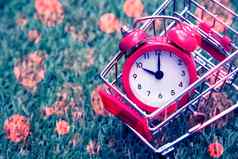 红色的时钟购物车缺乏时间浪费时间采购时间购物概念业务概念