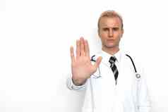 医生听诊器显示停止允许标志手白色背景医疗医疗保健概念医院主题