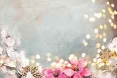 一年庆祝活动圣诞节背景粉红色的花雪星星圣诞节装饰前视图