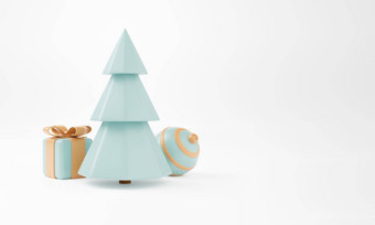 圣诞节树<strong>礼物盒</strong>子球白色背景圣诞节<strong>海报</strong>网络横幅插图最小的风格圣诞节一年概念