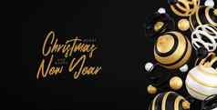快乐圣诞节快乐一年渲染插图卡华丽的黄金黑色的银圣诞节球装饰冬天装饰最小的设计