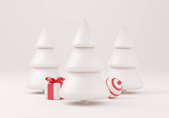 圣诞节树<strong>礼物盒</strong>子球白色背景圣诞节<strong>海报</strong>网络横幅插图最小的风格圣诞节一年概念
