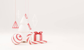圣诞节树红色的礼物盒子球白色背景圣诞节<strong>海报网络</strong>横幅渲染插图最小的风格圣诞节一年概念