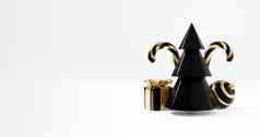 奢侈品圣诞节渲染横幅问候卡现代最小的一年圣诞节黄金黑色的装饰树糖果球礼物盒子黑色的背景