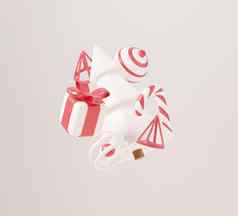 圣诞节树红色的礼物盒子球白色背景圣诞节海报网络横幅渲染插图最小的风格圣诞节一年概念