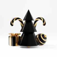 奢侈品圣诞节渲染横幅问候卡现代最小的一年圣诞节黄金黑色的装饰树糖果球礼物盒子黑色的背景