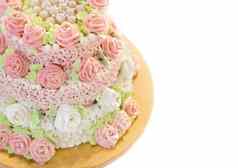 婚礼白色蛋糕装饰彩色的奶油花玫瑰可食用的珍珠软焦点