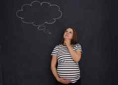 怀孕了女人思考前面黑色的黑板