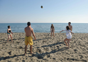 年轻的人集团有趣的玩海滩排球