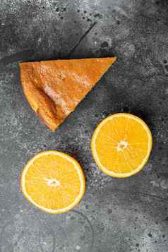 橙色普通话蛋糕玉米粥黑色的黑暗石头表格背景前视图平躺