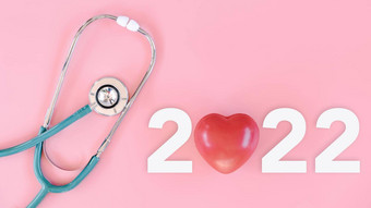 医疗检查健康保险一年概念听诊器文本一年隔离粉红色的背景医生任命日历医疗检查年度医疗护理
