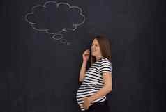 怀孕了女人思考前面黑色的黑板