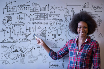 非洲美国女人写作黑板现代办公室