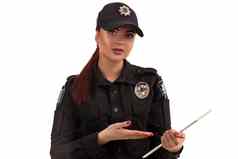 特写镜头肖像女警察官摆姿势相机孤立的白色背景