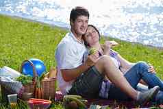 快乐年轻的夫妇野餐户外