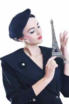 美丽的年轻的女人巴黎象征埃菲尔铁塔塔