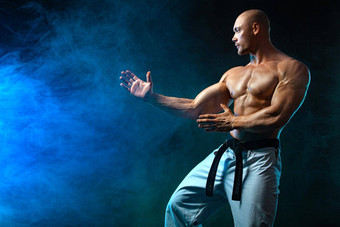空手道跆拳道战斗机黑色的背景烟适合男人。运动员健美运动员物理学运动员男人的体育运动动机