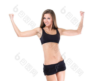 快乐的年轻的女人微笑运动<strong>服装展示</strong>强度成就场体育运动