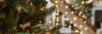 首页一年的室内生活圣诞节树木楼梯厨房舒适的大气首页假期阁楼设计房间日光绿色圣诞节树装饰灯