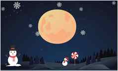 大小雪人月亮晚上圣诞节