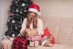 女人圣诞老人他包装圣诞节礼物盒子小狗狗毛衣女坐准备礼物沙发上装饰圣诞节树快乐圣诞节一年Diy包装概念