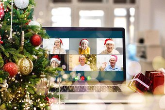 视频调用快乐多样化的孩子们移动PC电脑车间self-isolation虚拟在线庆祝活动首页概念圣诞节