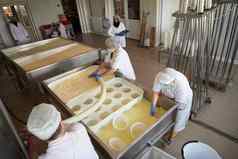 工人准备生牛奶奶酪生产