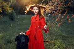 美丽的女人红色的衣服在户外黑色的狗友谊