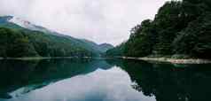 湖包围绿色森林比奥格拉斯卡男朋友回家公园黑山共和国