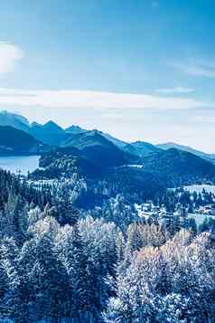 冬天仙境神奇的圣诞节景观雪山森林覆盖雪假期背景