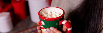 年轻的女孩毛衣持有杯子热巧克力咖啡棉花糖圣诞节灯舒适的假期大气芳香疗法冷冬天季节手杯热可可