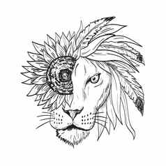 狮子向日葵向日葵羽毛叶子鬃毛查看前面纹身画黑色的白色