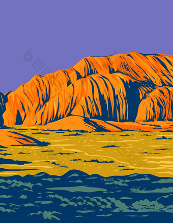 雪峡谷状态公园纳瓦霍人砂岩红色的山红色的悬崖沙漠储备犹他州美国水渍险海报艺术