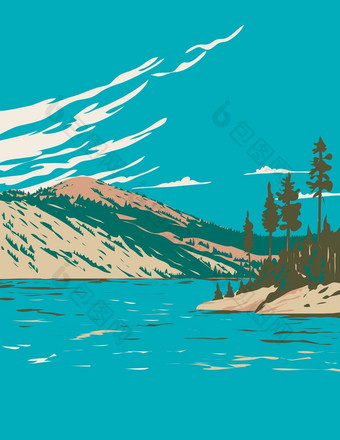 湖tahoe-nevada状态公园马莱特湖霍巴特储层内华达美国<strong>水渍</strong>险海报艺术