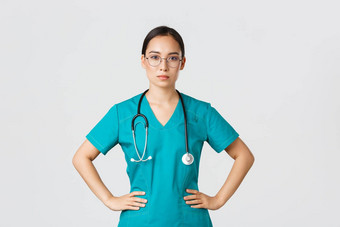 科维德医疗保健工人流感大流行概念自信确定亚洲女护士帮助病人工作冠状病毒疾病准备好了穿实习医生<strong>风云</strong>眼镜白色<strong>背景</strong>