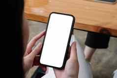 模拟电话女人手显示白色屏幕女移动电话空白屏幕发短信闲谈，聊天