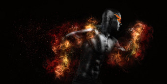 短跑运动员跑步者男人。火运行概念健身体育运动动机强大的适合运动的家伙身体油漆短跑运动员跑步者运行黑色的背景